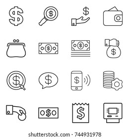thin line icon set : dollar, magnifier, investment, wallet, purse, money, gift, arrow, message, phone pay, virtual mining, hand coin, receipt, atm