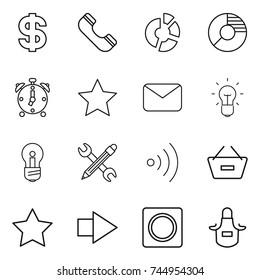 thin line icon set : dollar, phone, circle diagram, alarm clock, star, mail, bulb, pencil wrench, wireless, remove from basket, right arrow, ring button, apron