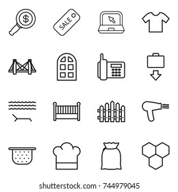 thin line icon set : dollar magnifier, sale, notebook, t shirt, bridge, arch window, phone, baggage get, lounger, crib, fence, hair dryer, colander, cook hat, flour, honeycombs