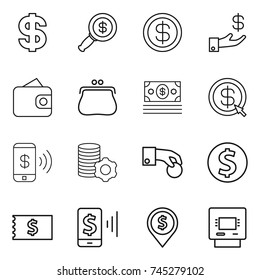thin line icon set : dollar, magnifier, investment, wallet, purse, money, arrow, phone pay, virtual mining, hand coin, receipt, mobile, pin, atm