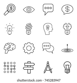 thin line icon set : dollar magnifier, eye, message, money, bulb, head, brain, gear, discussion, target, chip, singlepost, draw compass