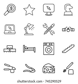 thin line icon set : dollar magnifier, star, monitor arrow, chess horse, notebook, table lamp, pencil wrench, drawbridge, block wall, bed, washing machine, stairs, garlic clasp, walnut crack, cheese