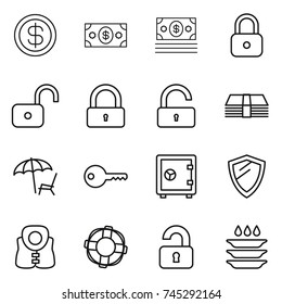 thin line icon set : dollar, money, lock, unlock, lounger, key, safe, shield, life vest, lifebuoy, unlocked, plate washing
