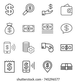 thin line icon set : dollar, magnifier, investment, wallet, money bag, message, phone pay, virtual mining, hand coin, receipt, mobile, pin