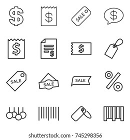 thin line icon set : dollar, receipt, sale, money message, account balance, label, percent, bar code