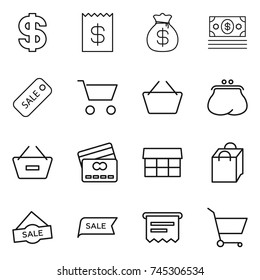 thin line icon set : dollar, receipt, money bag, sale, cart, basket, purse, remove from, credit card, market, shopping, atm