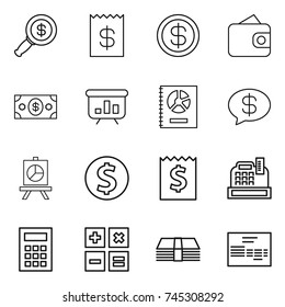 thin line icon set : dollar magnifier, receipt, wallet, money, presentation, annual report, message, coin, cashbox, calculator, invoice