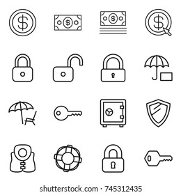 thin line icon set : dollar, money, arrow, lock, unlock, insurance, lounger, key, safe, shield, life vest, lifebuoy, locked