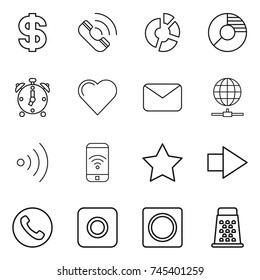 thin line icon set : dollar, call, circle diagram, alarm clock, heart, mail, globe connect, wireless, phone, star, right arrow, ring button, grater