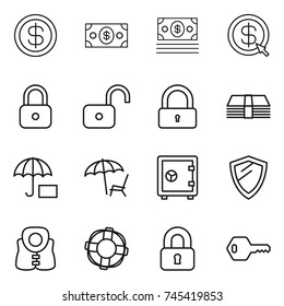 thin line icon set : dollar, money, arrow, lock, unlock, insurance, lounger, safe, shield, life vest, lifebuoy, locked, key