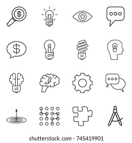 thin line icon set : dollar magnifier, bulb, eye, message, money, head, brain, gear, discussion, target, chip, puzzle, draw compass