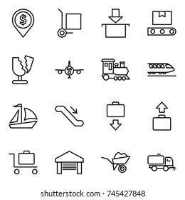 thin line icon set : dollar pin, cargo stoller, package, transporter tape, broken, plane, train, sail boat, escalator, baggage get, trolley, garage, wheelbarrow, sweeper