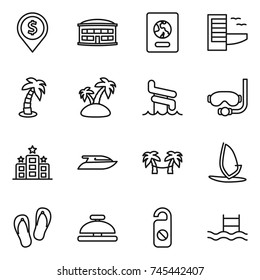 thin line icon set : dollar pin, airport building, passport, hotel, palm, island, aquapark, diving mask, yacht, hammock, windsurfing, flip flops, service bell, do not distrub, pool