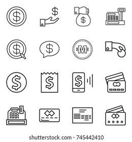 thin line icon set : dollar, investment, money gift, cashbox, arrow, message, crypto currency, hand coin, receipt, mobile pay, credit card, invoice