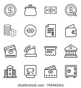 thin line icon set : dollar, purse, money, arrow, virtual mining, crypto currency, account balance, wallet, credit card, cashbox, atm receipt, library, building, safe