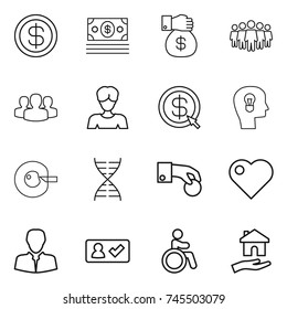 thin line icon set : dollar, money, gift, team, group, woman, arrow, bulb head, cell corection, dna, hand coin, heart, client, check in, invalid, housing
