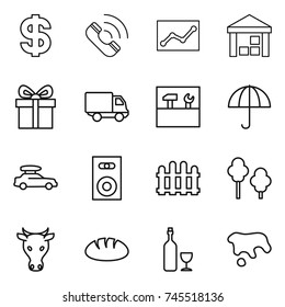 thin line icon set : dollar, call, statistics, warehouse, gift, delivery, tools, dry cargo, car baggage, speaker, fence, trees, cow, bread, wine, spot