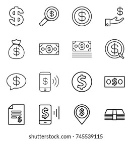 thin line icon set : dollar, magnifier, investment, money bag, arrow, message, phone pay, coin, account balance, mobile, pin