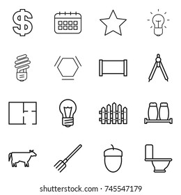 thin line icon set : dollar, calendar, star, bulb, hex molecule, fence, drawing compasses, plan, salt pepper, cow, fork, acorn, toilet