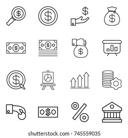 thin line icon set : dollar magnifier, investment, money bag, gift, presentation, arrow, graph up, virtual mining, hand coin, percent, library