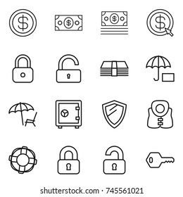 thin line icon set : dollar, money, arrow, lock, unlock, insurance, lounger, safe, shield, life vest, lifebuoy, locked, unlocked, key