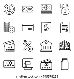 thin line icon set : dollar, money, gift, virtual mining, credit card, receipt, account balance, percent, library, office, atm, bank