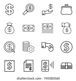 thin line icon set : dollar, magnifier, investment, purse, money bag, gift, arrow, virtual mining, hand coin, receipt, account balance, mobile pay
