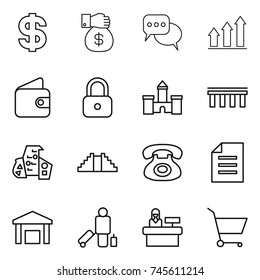 thin line icon set : dollar, money gift, discussion, graph up, wallet, lock, castle, bridge, modern architecture, pyramid, phone, document, warehouse, passenger, reception, cart
