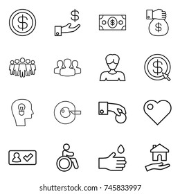 thin line icon set : dollar, investment, money, gift, team, group, woman, arrow, bulb head, cell corection, hand coin, heart, check in, invalid, drop, housing