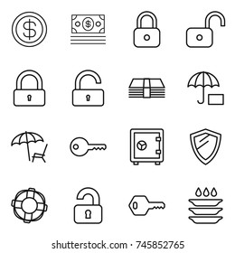 thin line icon set : dollar, money, lock, unlock, insurance, lounger, key, safe, shield, lifebuoy, unlocked, plate washing
