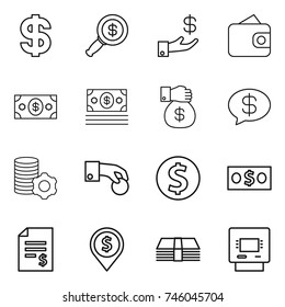 thin line icon set : dollar, magnifier, investment, wallet, money, gift, message, virtual mining, hand coin, account balance, pin, atm
