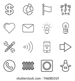 thin line icon set : dollar, circle diagram, flag, alarm clock, heart, mail, bulb, pencil wrench, wireless, phone, right arrow, radiator, ring button, apron
