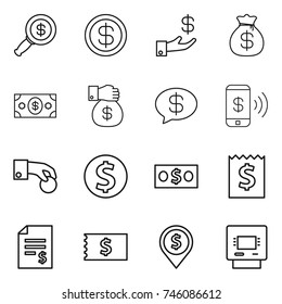 thin line icon set : dollar magnifier, investment, money bag, gift, message, phone pay, hand coin, receipt, account balance, pin, atm