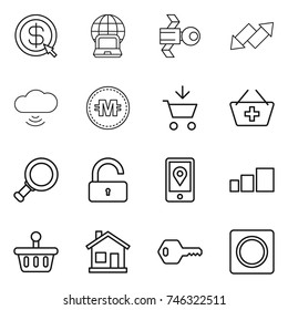 thin line icon set : dollar arrow, notebook globe, satellite, up down, cloud wireless, crypto currency, add to cart, basket, magnifier, unlock, mobile location, sorting, home, key, ring button