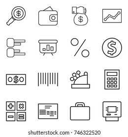 thin line icon set : dollar magnifier, wallet, money gift, statistics, diagram, presentation, percent, coin, bar code, cashbox, calculator, invoice, suitcase, atm