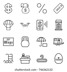 thin line icon set : dollar, money gift, percent, sale, parachute, drone, mobile pay, building, invoice, heavy, trailer, pool, reception, hanger, egg timer