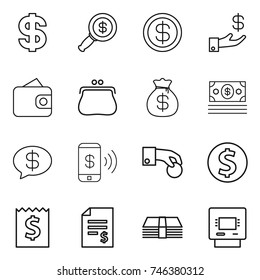 thin line icon set : dollar, magnifier, investment, wallet, purse, money bag, message, phone pay, hand coin, receipt, account balance, atm