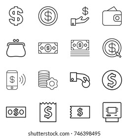 thin line icon set : dollar, investment, wallet, purse, money, arrow, phone pay, virtual mining, hand coin, receipt, atm
