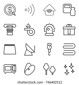 thin line icon set : dollar arrow, wireless, home, scales weight, column, trip, alarm, hi quality package, curtain, satellite antenna, handle, towel, microwave oven, beans, trees, shining