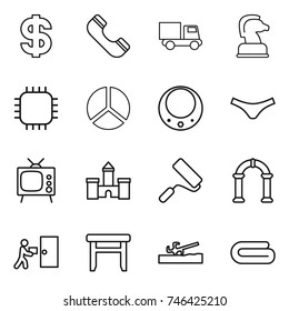 thin line icon set : dollar, phone, truck, chess horse, chip, diagram, necklace, underpants, tv, castle, repair, arch, courier delivery, stool, soil cutter, towel
