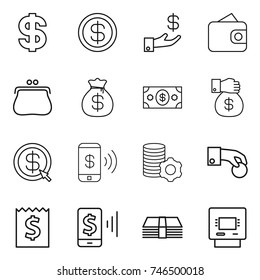 thin line icon set : dollar, investment, wallet, purse, money bag, gift, arrow, phone pay, virtual mining, hand coin, receipt, mobile, atm