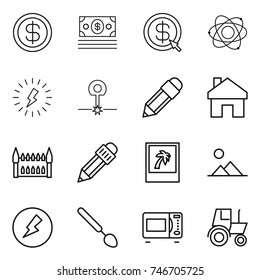 thin line icon set : dollar, money, arrow, atom, lightning, laser, pencil, home, gothic architecture, photo, landscape, electricity, big spoon, microwave oven, tractor