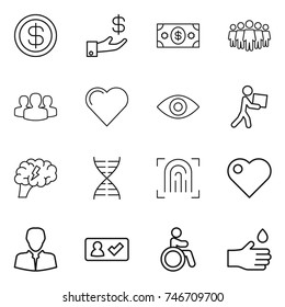 thin line icon set : dollar, investment, money, team, group, heart, eye, courier, brain, dna, fingerprint, client, check in, invalid, hand drop