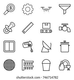 thin line icon set : dollar magnifier, gear, drone, funnel, nipple, ruler, transporter tape, water tap, power switch, mixer, satellite antenna, pan, sieve, watering, bucket, dish cleanser