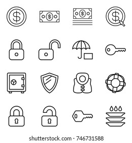 thin line icon set : dollar, money, arrow, lock, unlock, key, safe, shield, life vest, lifebuoy, locked, unlocked, plate washing