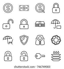 thin line icon set : dollar, money, arrow, lock, unlock, , lounger, shield, life vest, lifebuoy, locked, unlocked, key, plate washing