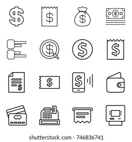 thin line icon set : dollar, receipt, money bag, diagram, arrow, coin, account balance, mobile pay, wallet, credit card, cashbox, atm