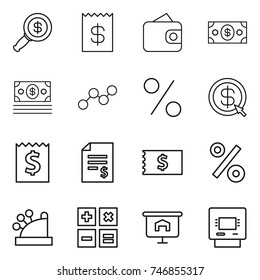 thin line icon set : dollar magnifier, receipt, wallet, money, graph, percent, arrow, account balance, cashbox, calculator, presentation, atm