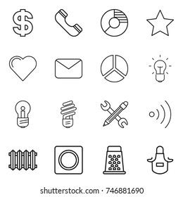 thin line icon set : dollar, phone, circle diagram, star, heart, mail, bulb, pencil wrench, wireless, radiator, ring button, grater, apron