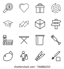 thin line icon set : dollar magnifier, heart, gift, around gear, graduate hat, up down arrow, box, singlepost, mansion, iron board, measuring cup, blender, lemon, trash, clothespin, toilet brush